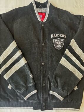 Vintage 90s NFL Raiders Suede Leather Jacket Black Varsity Bomber Size 2XL Mens